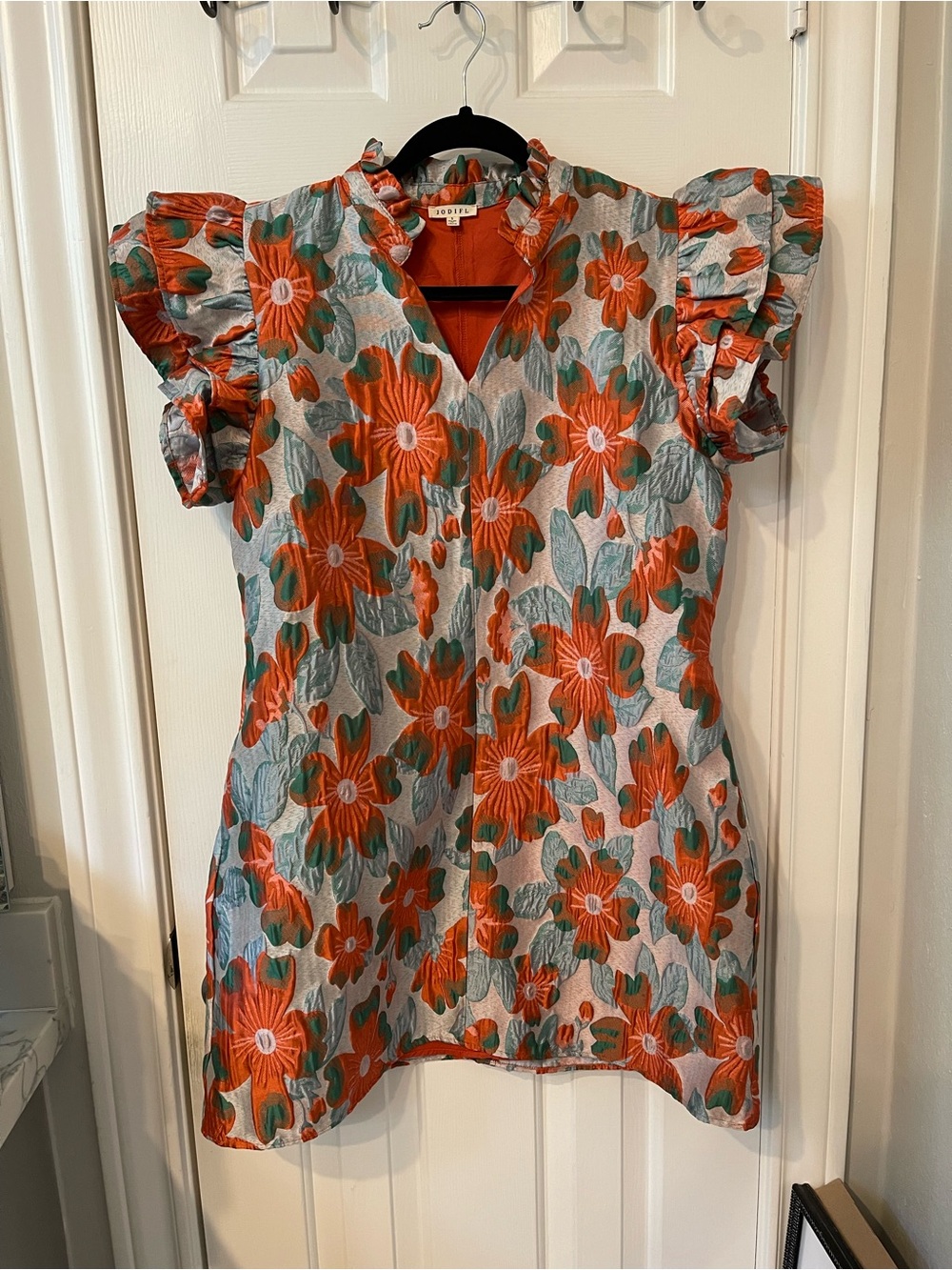 JODIFL Orange Floral Ruffle Sleeve Dress